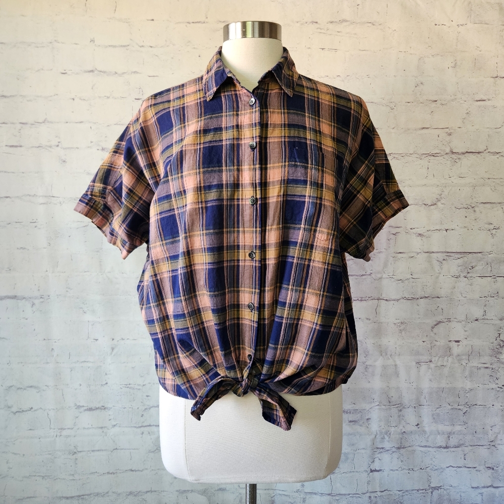 Madewell Plaid Tie Hem Button Front Short Sleeve Shirt Navy Blue Peach Medium